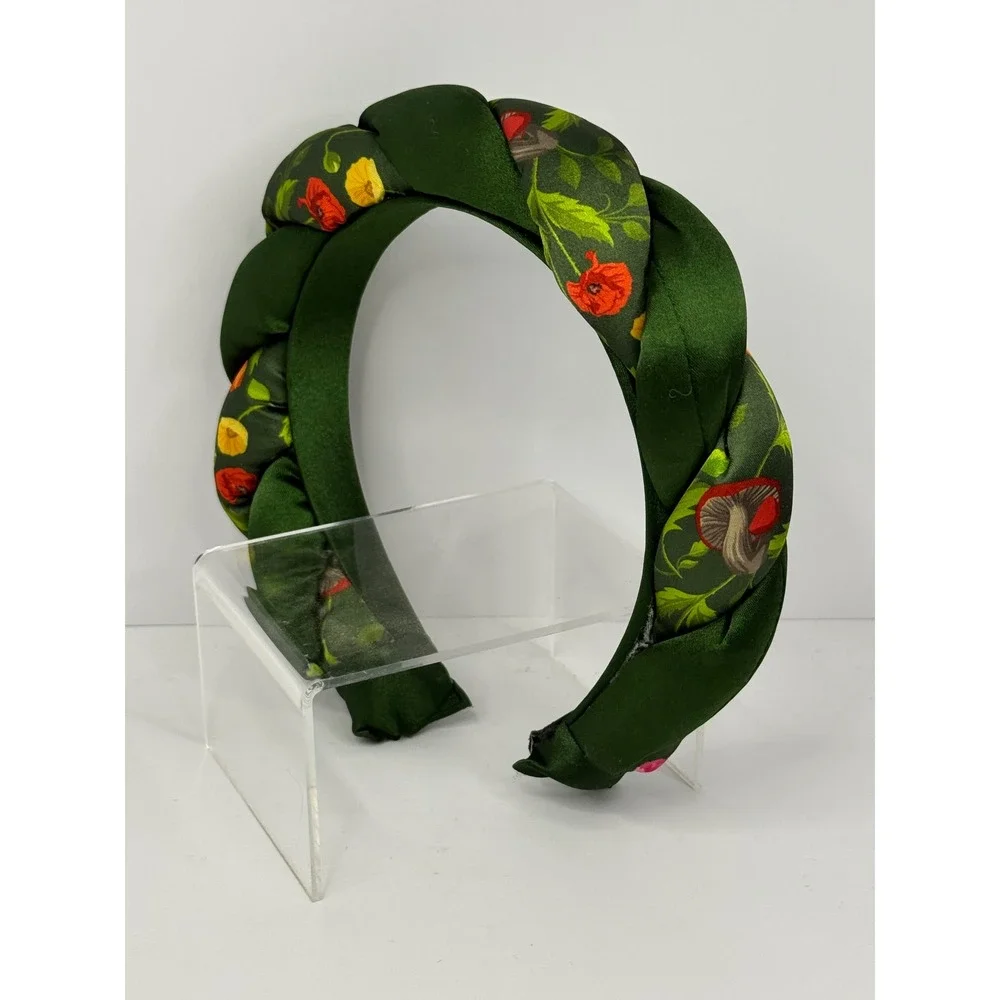 Women's Forest‎ Green Braided Satin Mushroom Floral Padded Headband Cottagecore